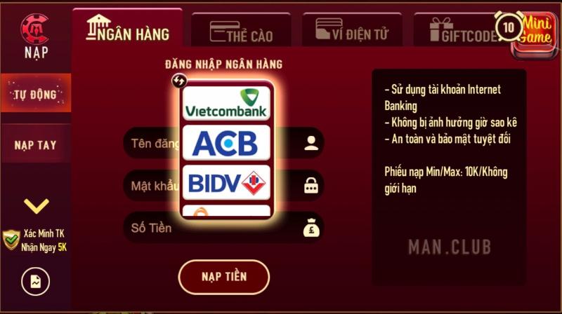 Nạp tiền Manclub bằng phương thức tài khoản ngân hàng cực kỳ đơn giản